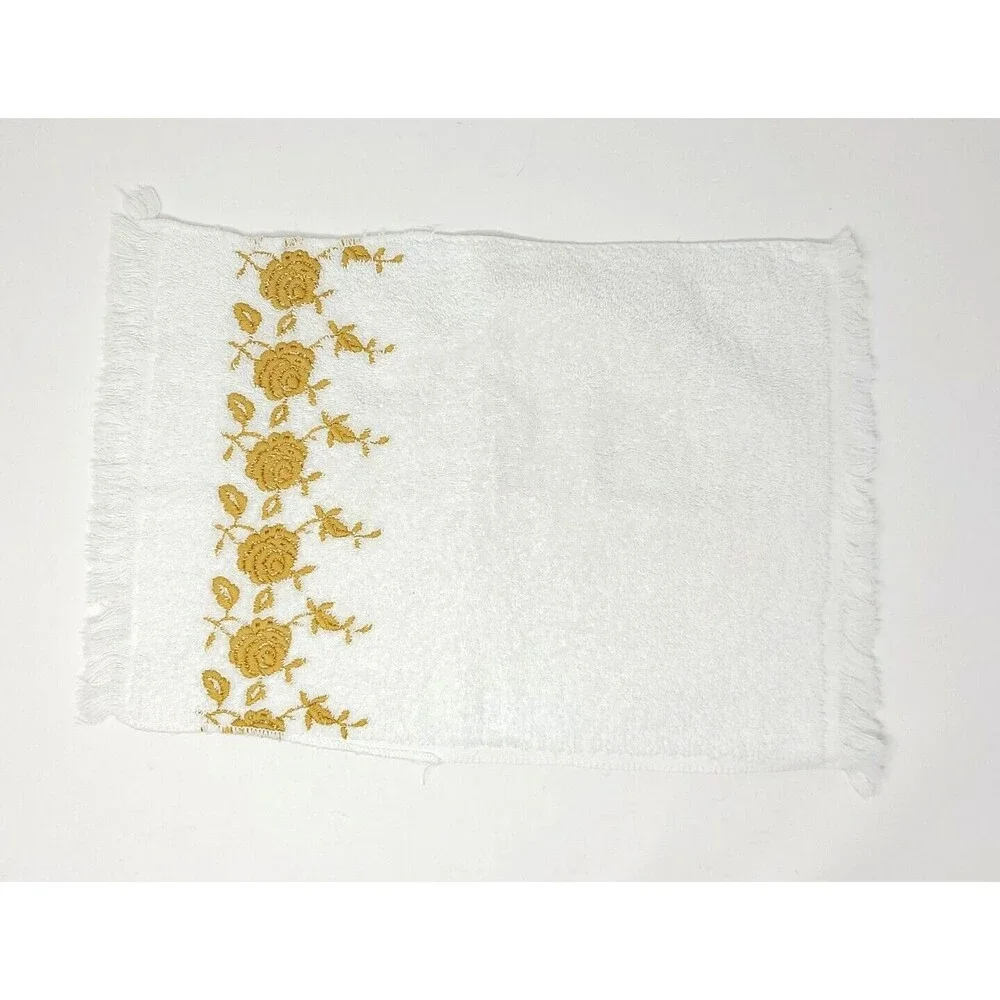 Vintage Dundee Towel Set White Gold Roses Embroidered Made In USA Hair Hand